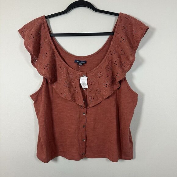 NWT American Eagle XLarge Rust Terra Cotta Eyelet Ruffle Button Up‎ Blouse - Picture 1 of 4
